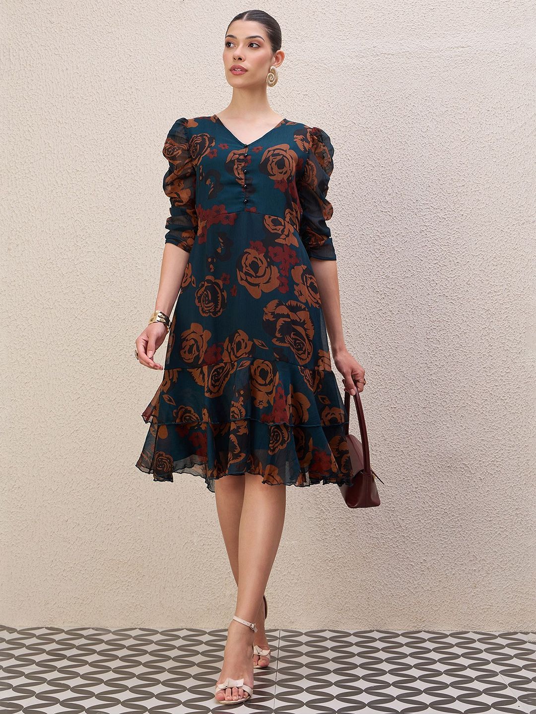 Antheaa Women Ethnic Motifs Print Puff Sleeve Gathered or Pleated A-Line Knee Length Dress