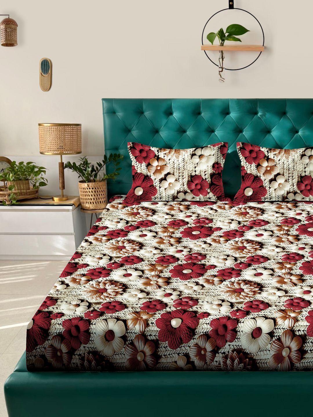 Myntra Elegant Cream Floral Printed Dilengkapi 300 TC King 7D Cadar & 2 Sarung Bantal