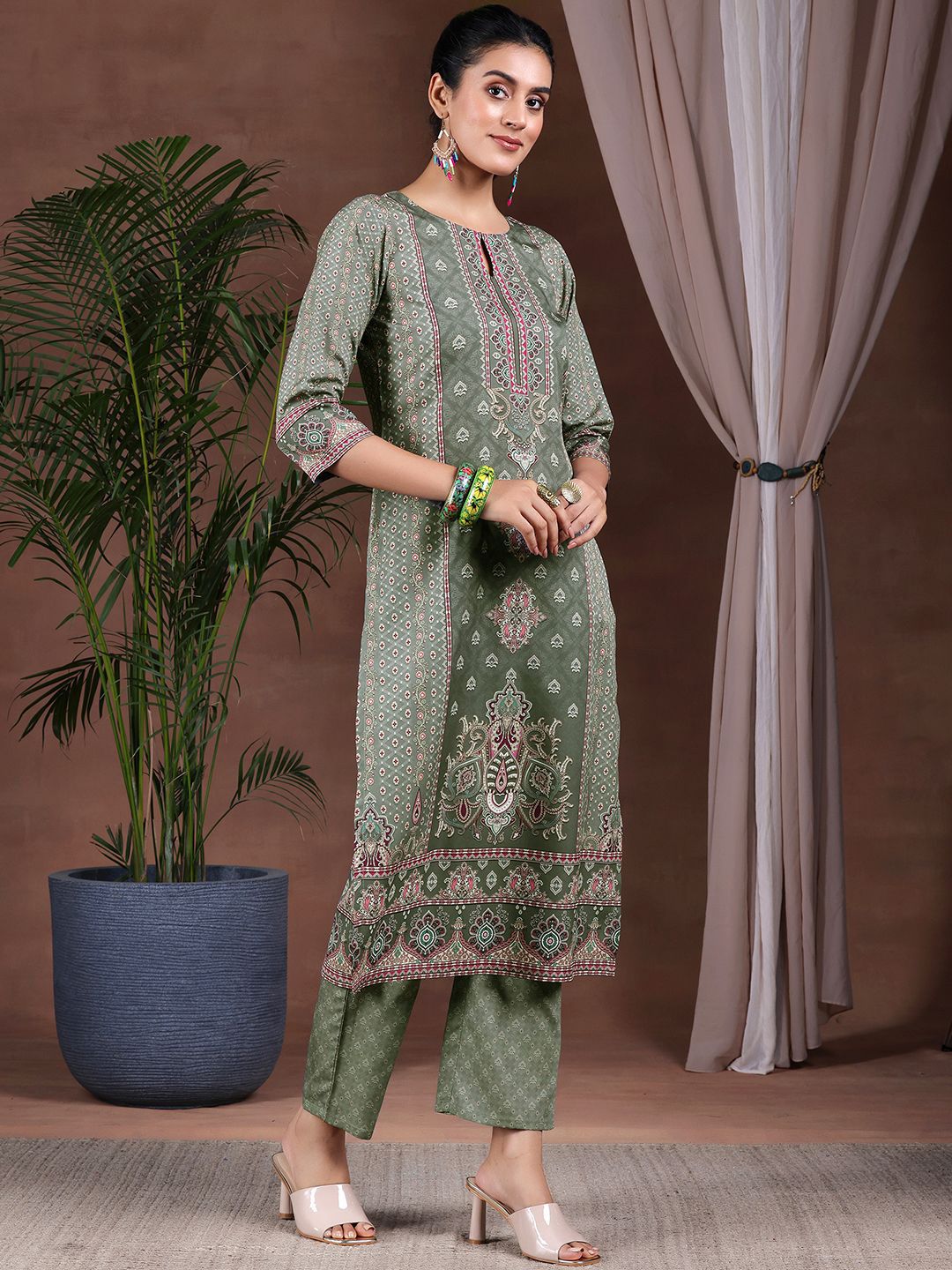 Libas Ethnic Motifs Printed Keyhole Neck Straight Kurta with Trousers & Dupatta