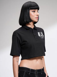 Street By Tokyo Talkies Women Solid Crop Collared Print at Chest Top