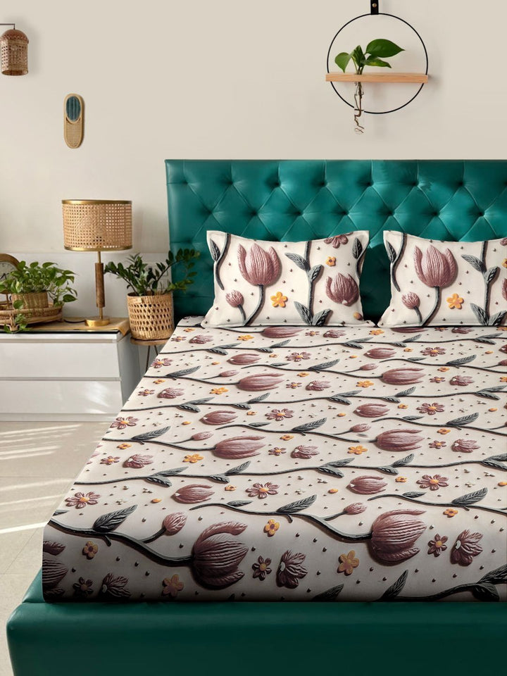 Myntra Elegant Cream Floral Printed Flat 300 TC King 7D Bedsheet & 2 Pillow Covers