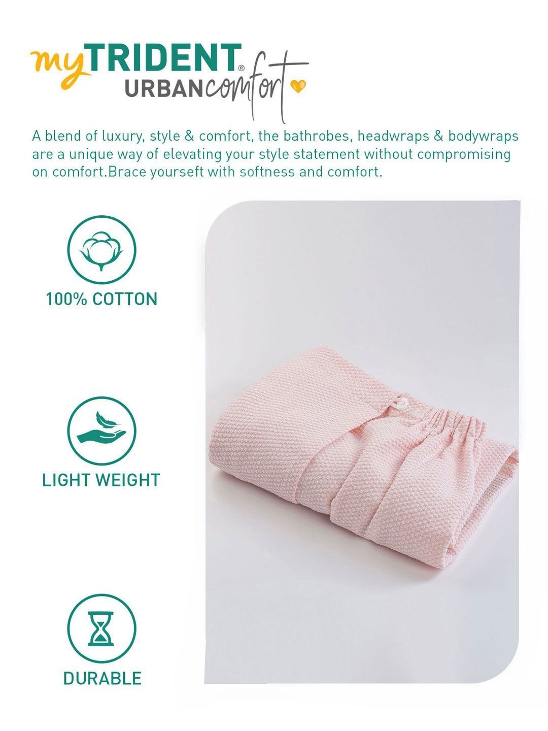 MYTRIDENT Pink Cotton High Absorbency Bath Robe With Head Wrap Set