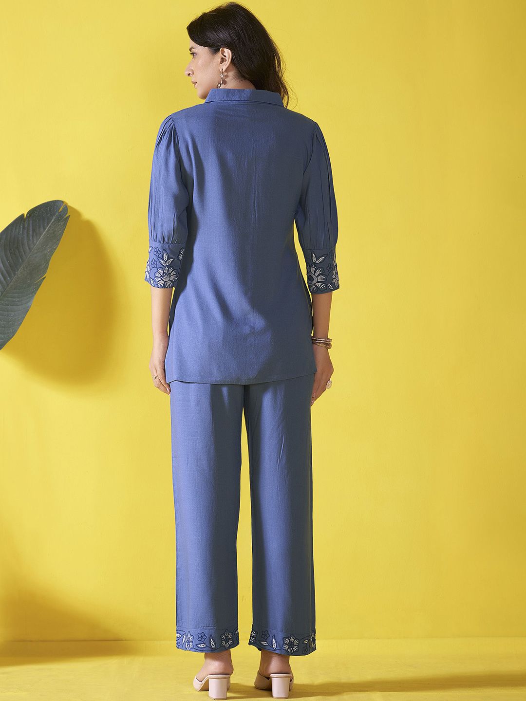 Anouk Blue and white Embroidered Liva Shirt With Trouser