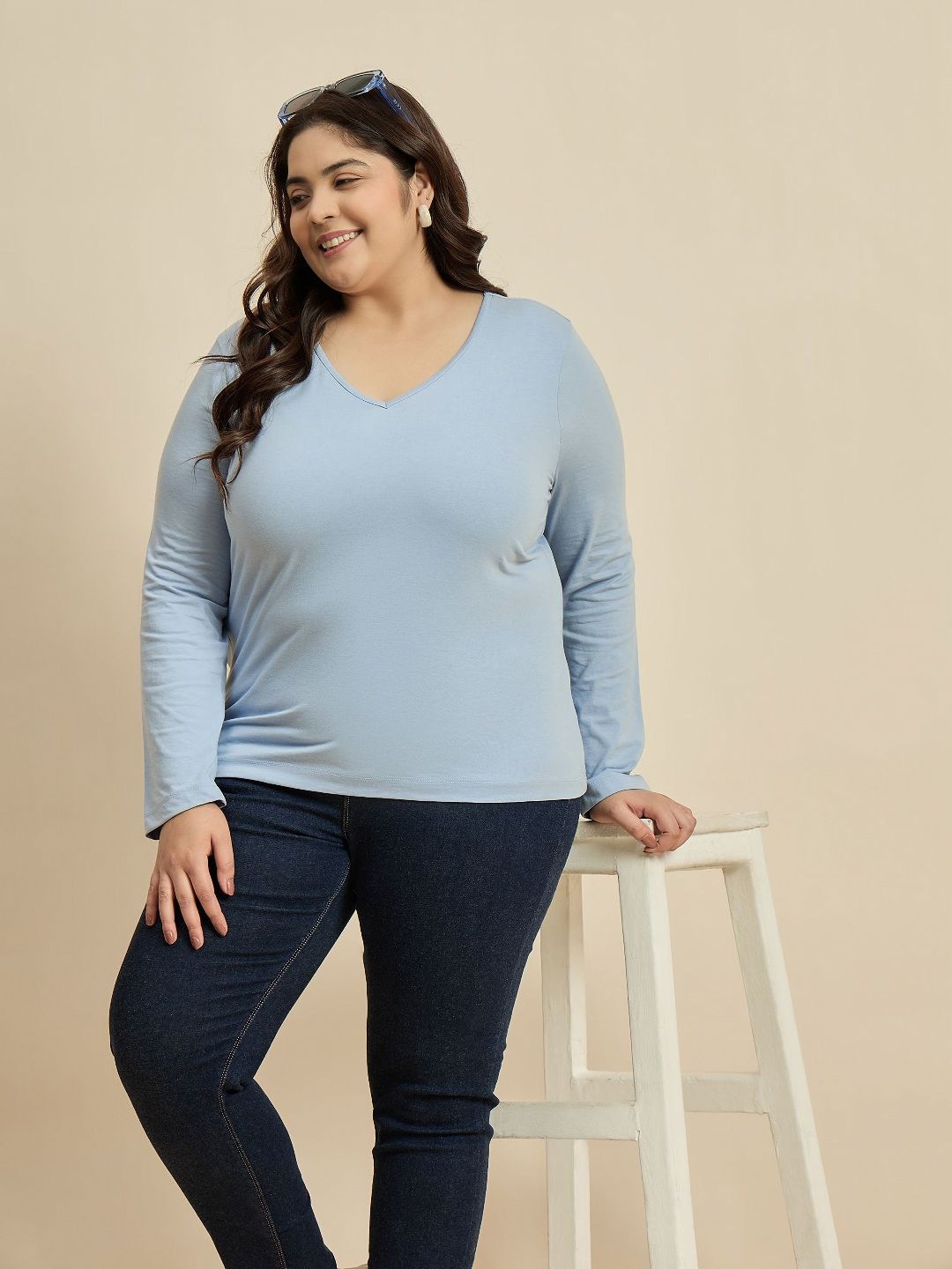 CURVY STREET Solid V-Neck Pure Cotton Plus Size T-shirt