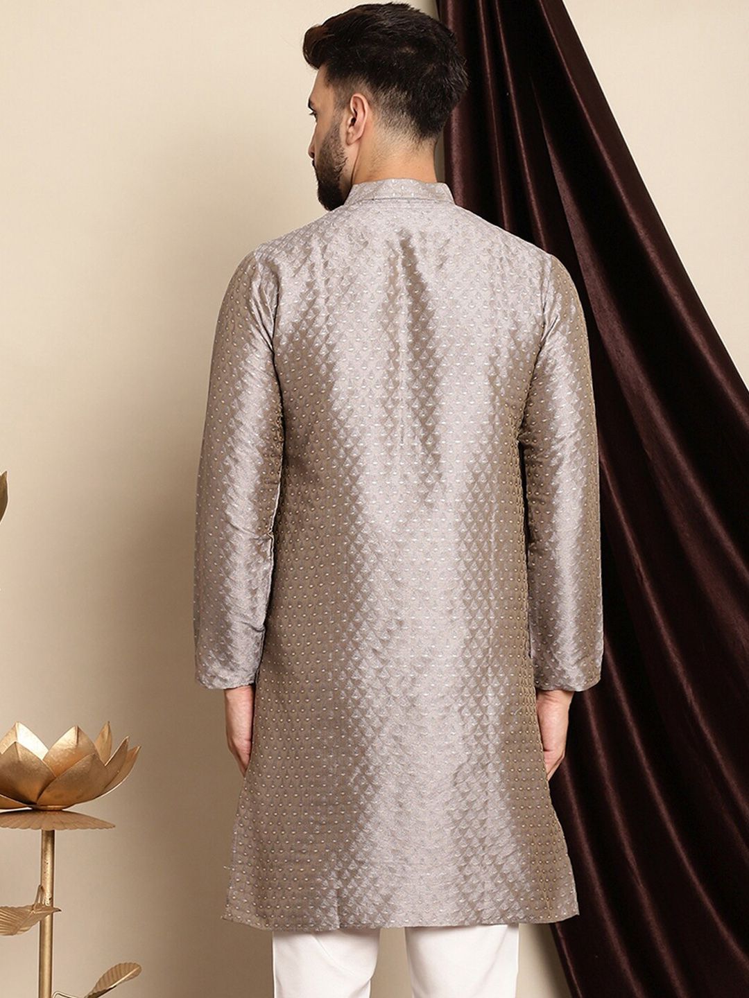 Anouk Ethnic Motifs Woven Design Band Collar Silk Cotton Regular Kurta