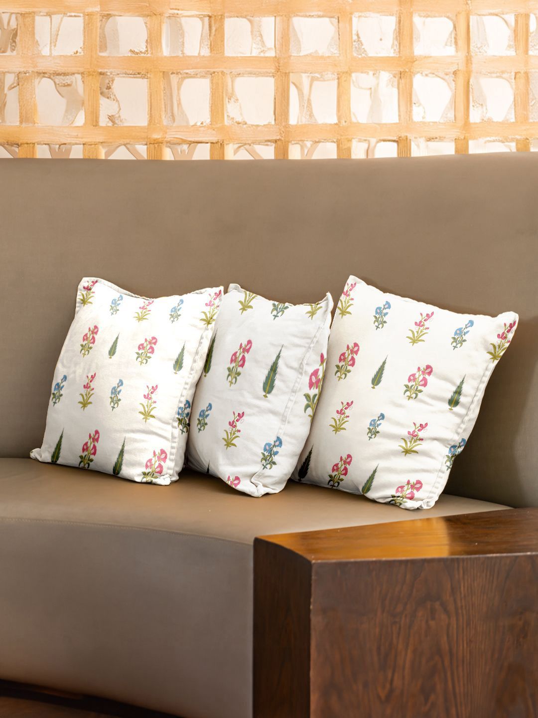 URBAN SPACE White & Green 3 Pieces Floral Printed Cotton Square Cushion Covers