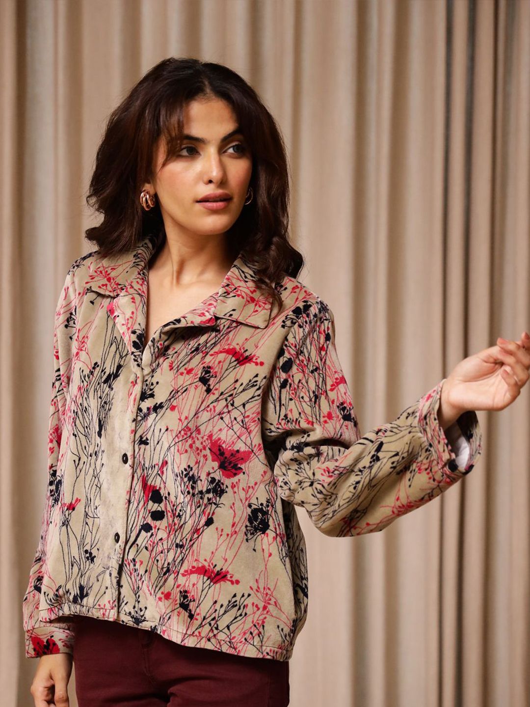 SANSKRUTIHOMES Women Lapel Collar Floral Printed Velvet Casual Tailored Jacket