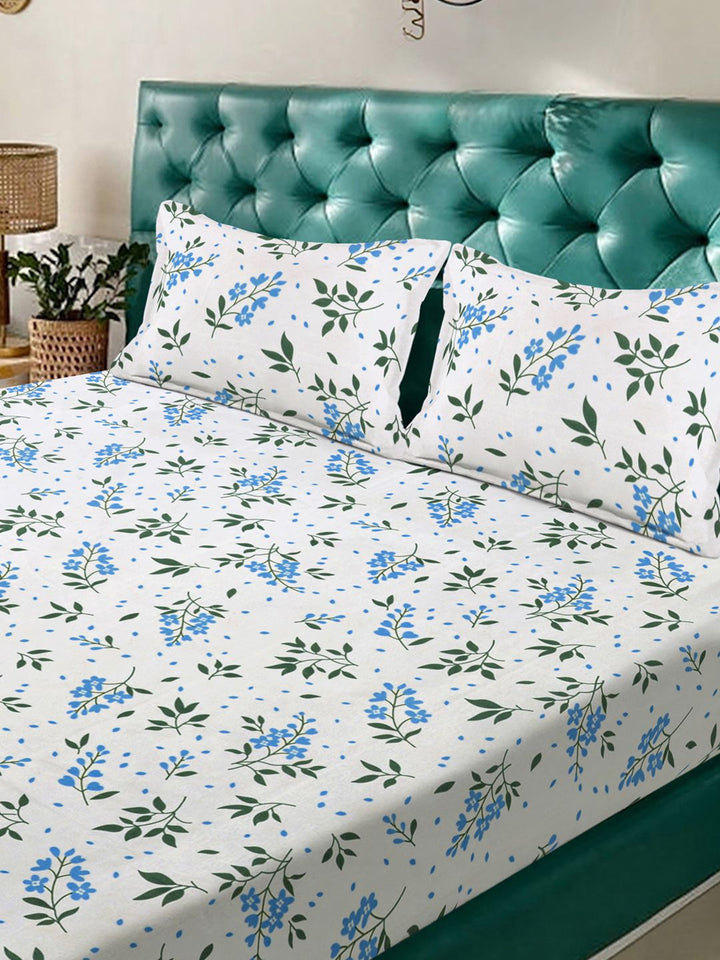 KLOTTHE White & Blue Floral Printed Set Cadar Double King 300 TC King 2.50 x 2.25 m