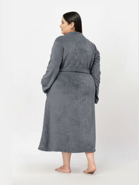 KLOTTHE Plus Size Grey Woollen Long Sleeves Bath Robe With Belt