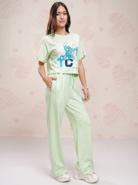 Tokyo Talkies Disney Women Stitch Printed Pure Cotton Boxy Fit T Shirt With Pant Co Ords