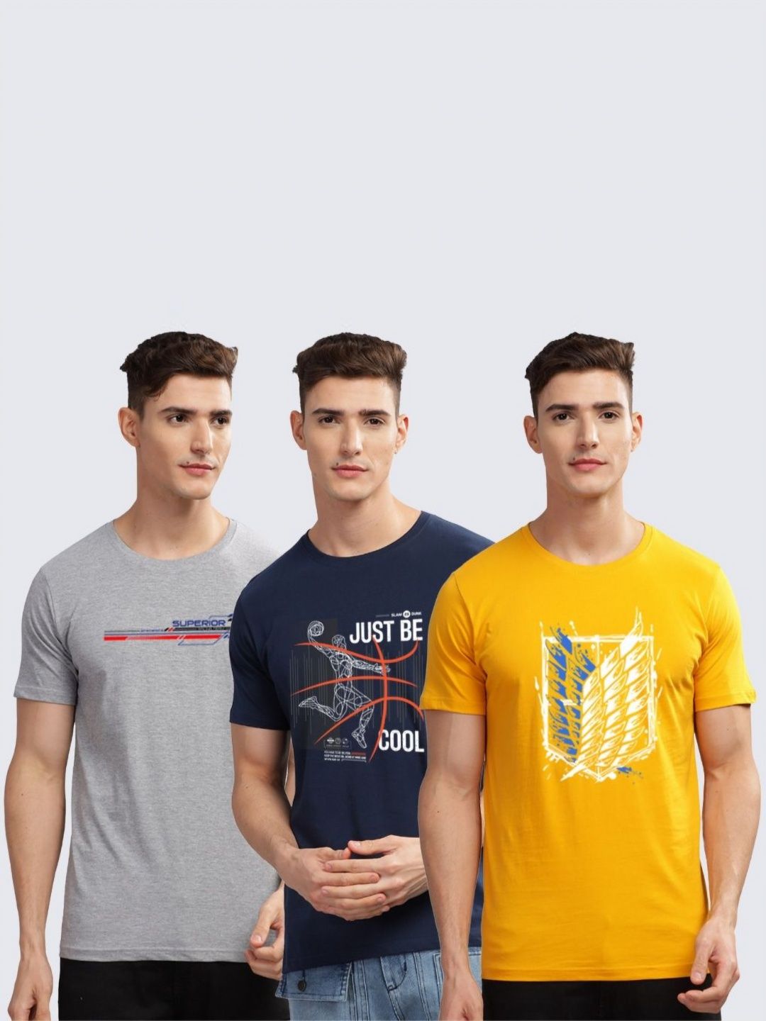 ADRO Lelaki Pek 3 Bercetak Grafik Leher Bulat Kapas Slim Fit