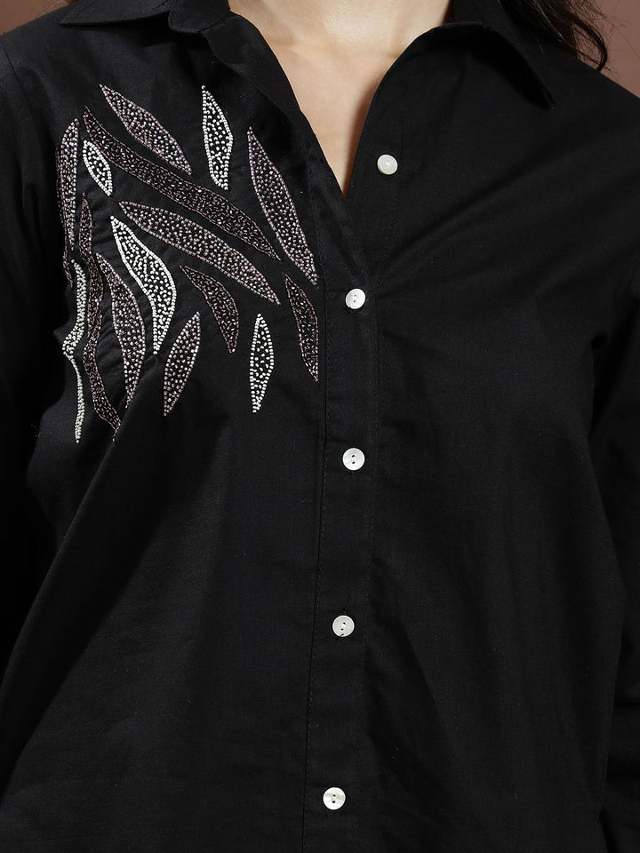 Athena Women Embellished Shirt Collar Cotton Top