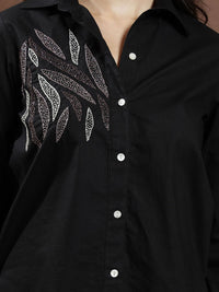Athena Women Embellished Shirt Collar Cotton Top