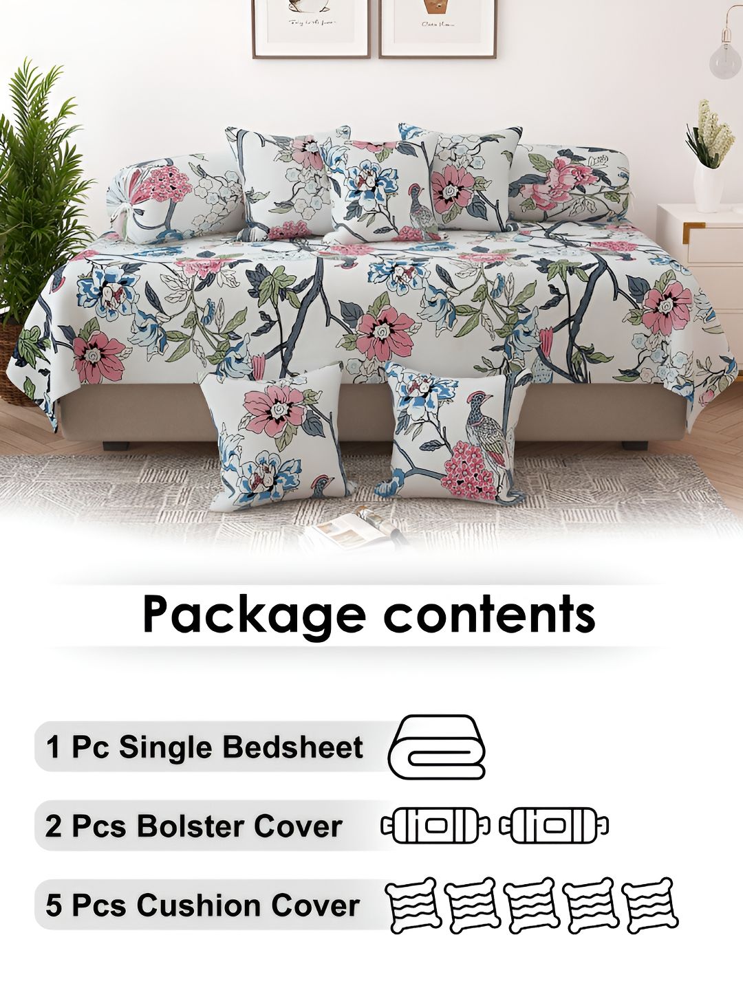 Story@home White & Pink 8 Pieces Floral Printed Satin Finish Diwan Set