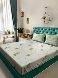 Myntra Elegant Homes Green Printed Pure Cotton 400TC Fitted King Bedsheet Set 2.5 x 2.25m