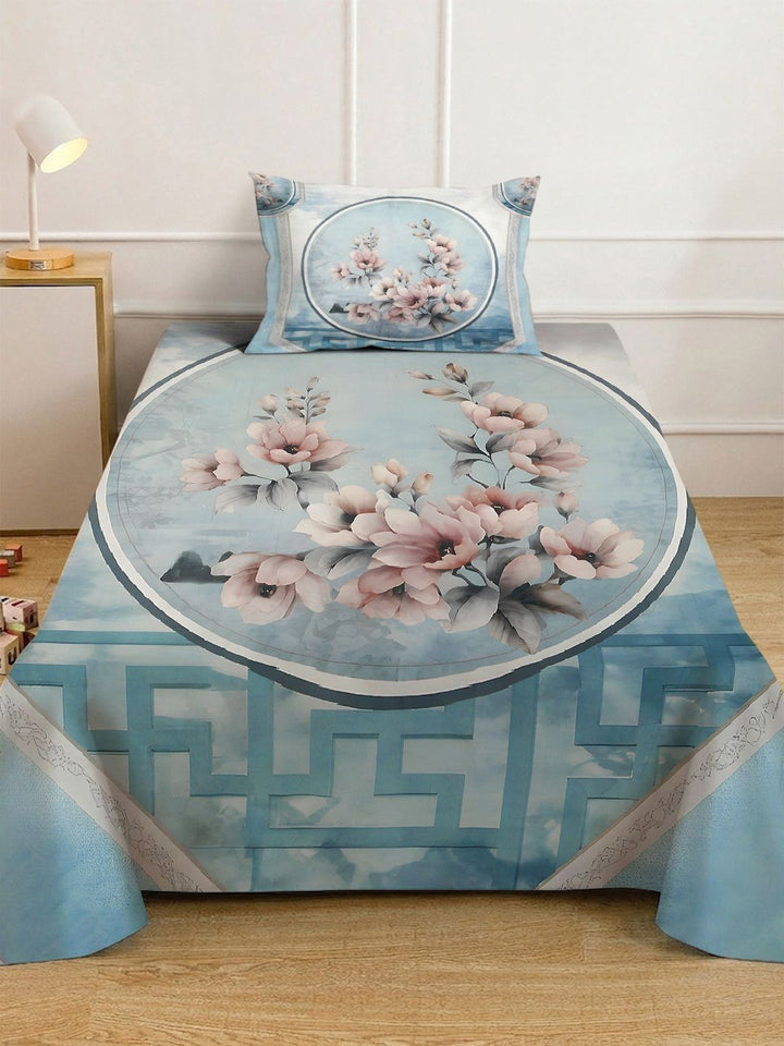 Myntra Elegant Blue Floral Printed Fitted 400 TC Single 7D Bedsheet & 1 Pillow Cover