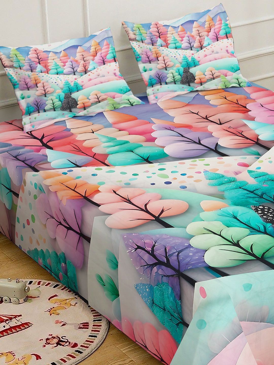 Green & Red Floral Printed Fitted 7D 400 TC Double King Bedsheet With 2 Pillow Cover
