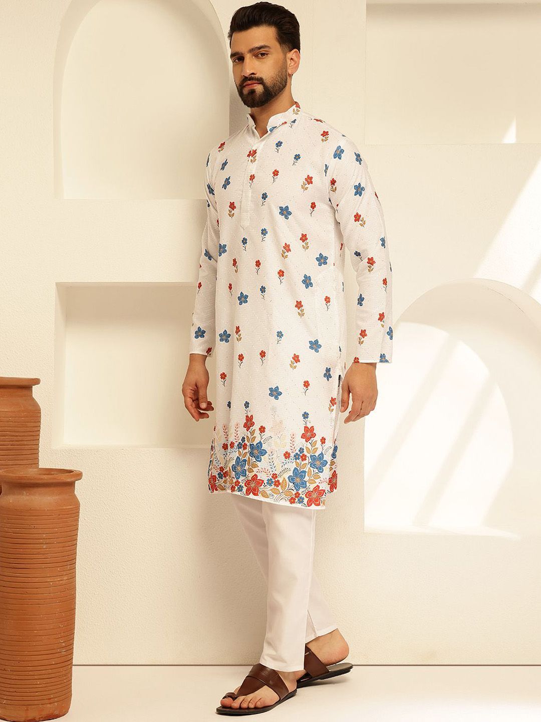 SOJANYA Floral Embroidered Mandarin Collar Thread Work Cotton Straight Republic Day Republic Day Kurta
