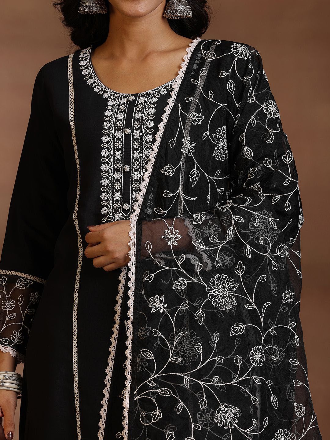 Libas Floral Yoke Design Panelled Sequinned Kurta with Trousers & Dupatta