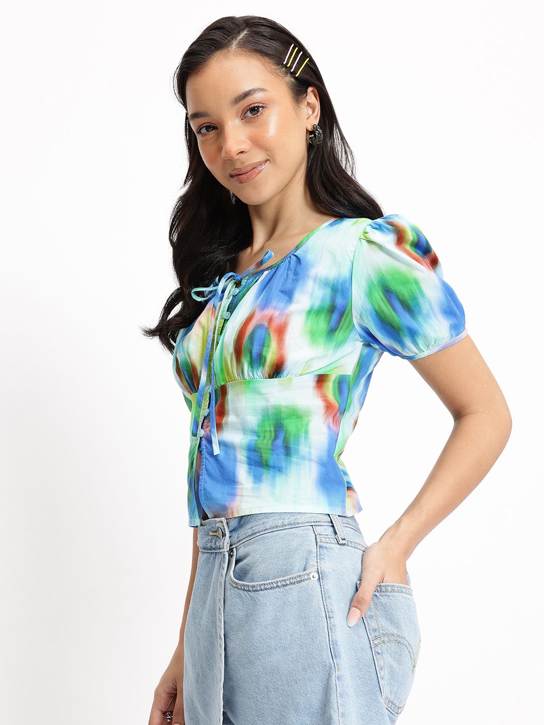 DressBerry Abstract Alchemy Tie-Up Neck Pure Cotton Top