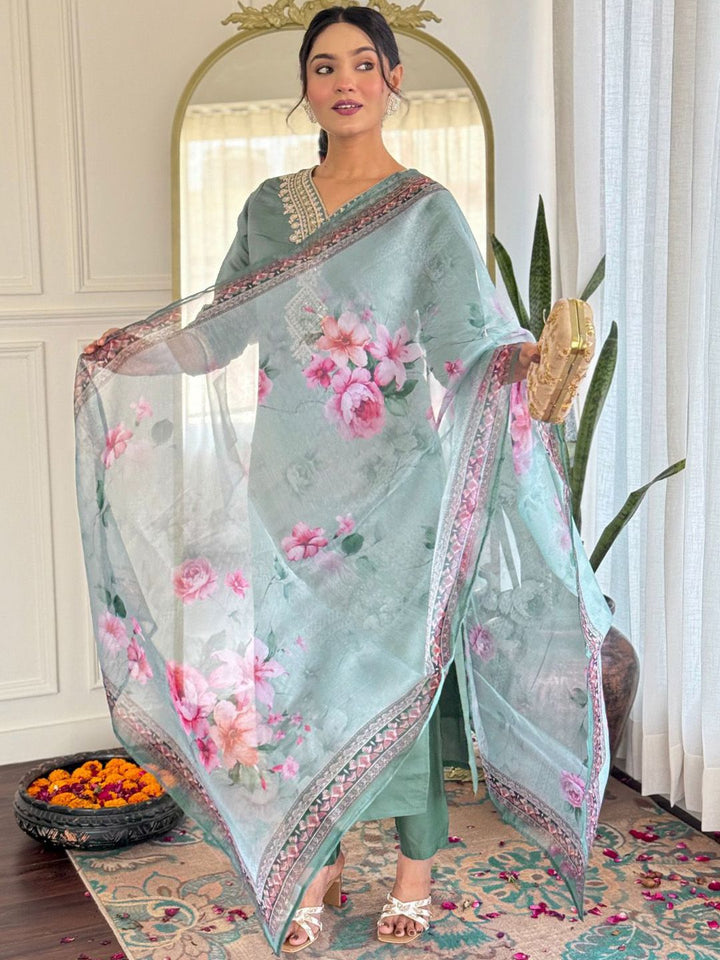 KALINI Yoke Design V-Neck Straight Kurta With Trousers And Dupatta