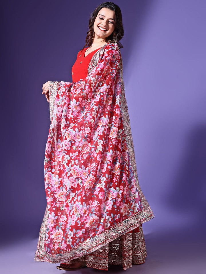 KALINI Floral Embroidered Georgette Maxi Ethnic Dress With Dupatta