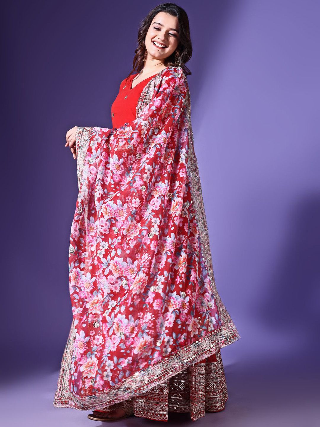 KALINI Floral Embroidered Georgette Maxi Ethnic Dress With Dupatta