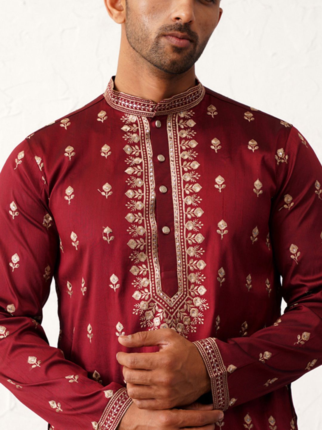 Jompers Floral Embroidered Mandarin Collar Chikankari Cotton & Silk Straight Kurta