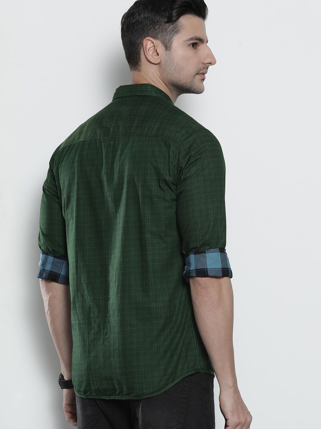 The Indian Garage Co Men Blue & Olive Green Comfort Fit Checked Reversible Cotton Shirt