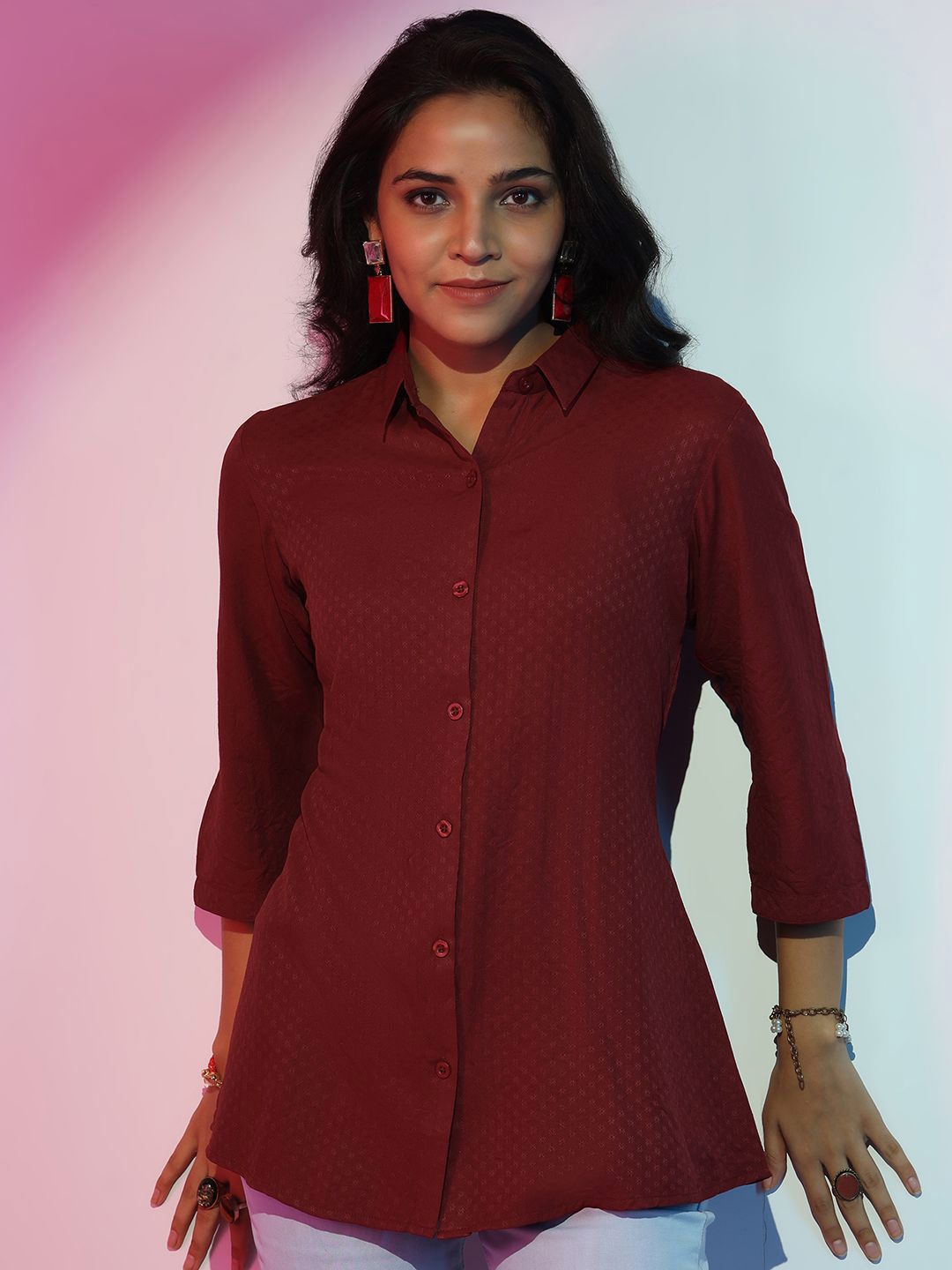 Libas Women Self Design Shirt Collar Front Open Tunic