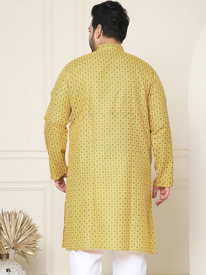 SOJANYA Plus Ethnic Motifs Printed Mandarin Collar Long Sleeve Cotton Linen Straight Kurta