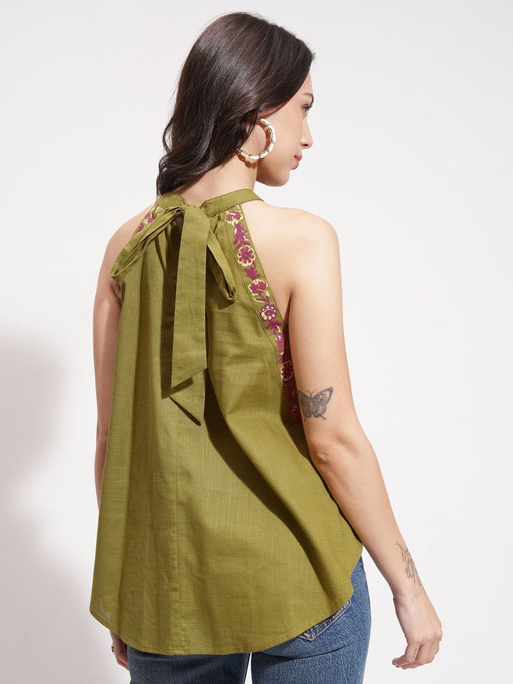 Vishudh Women Floral Print Halter Neck A-Line Cotton Top