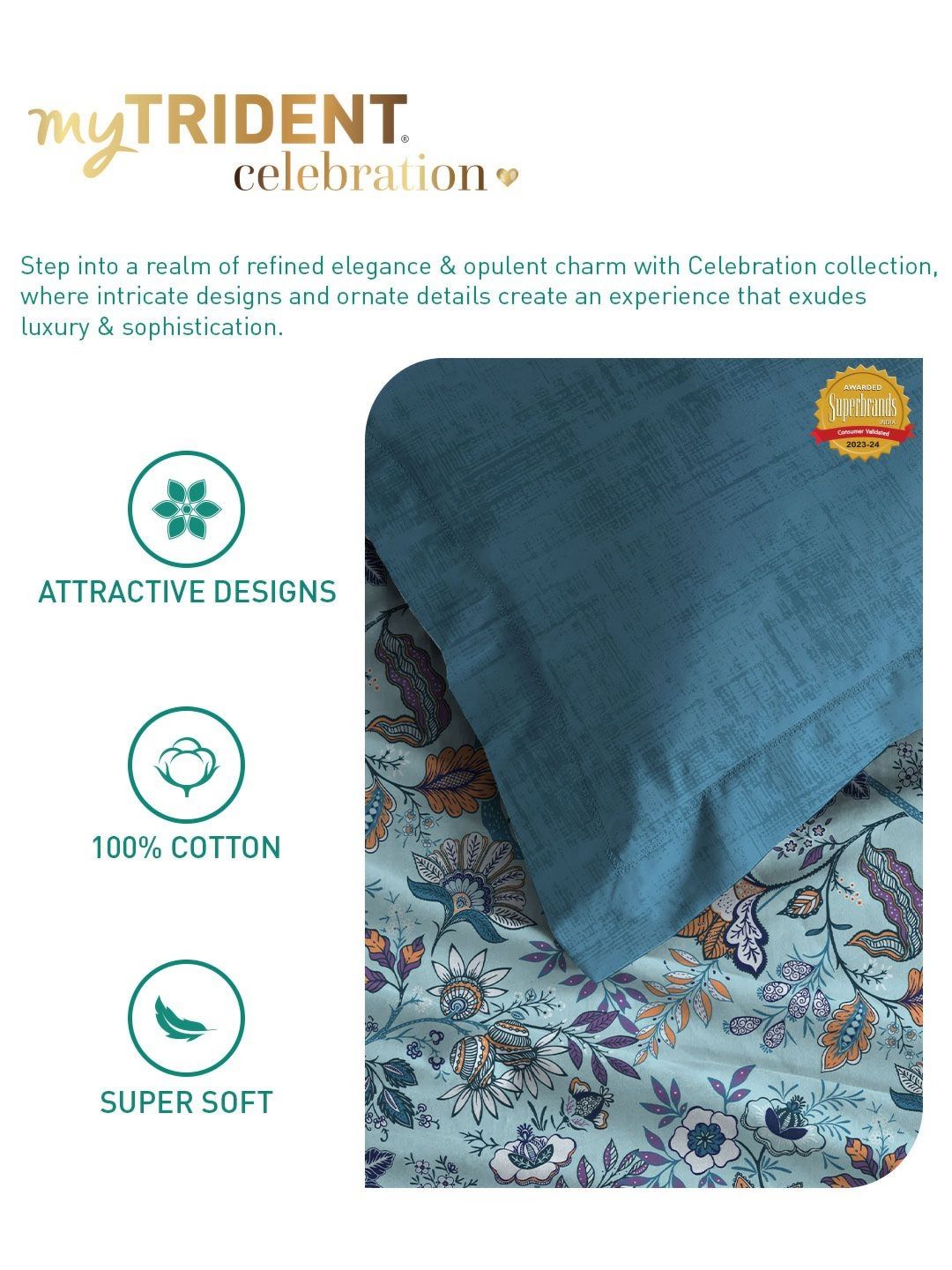 MYTRIDENT Chintz Blue Celebration Flat 144TC Queen Pure Cotton 1 Bedsheet with 2 Pillow Covers