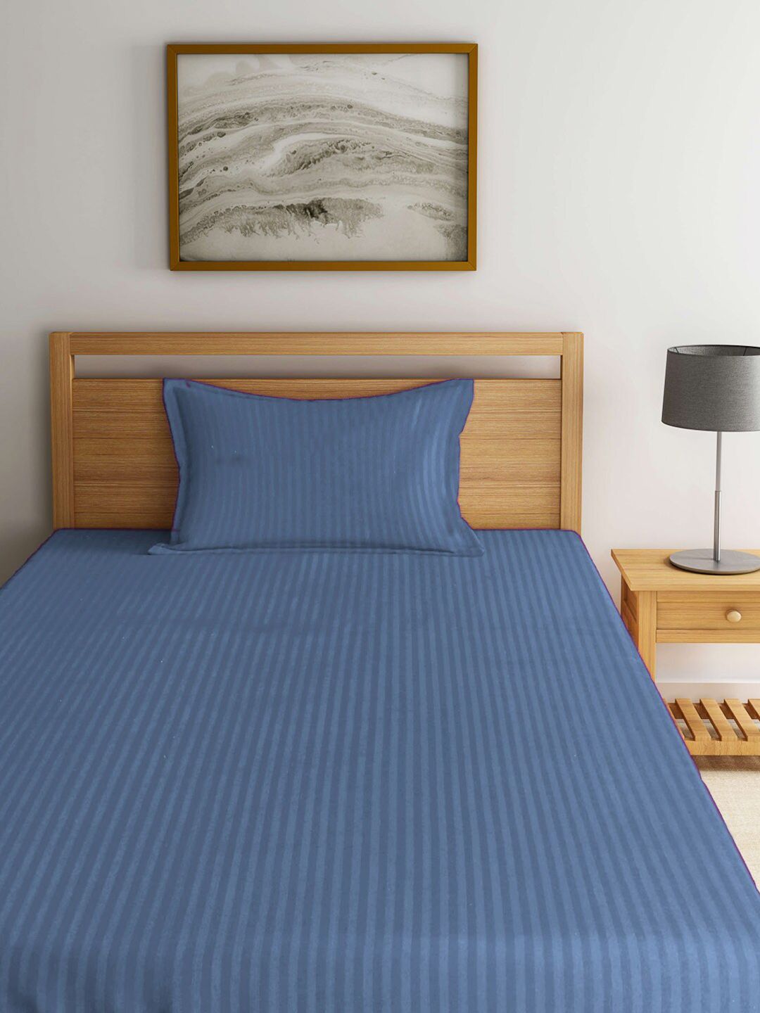 KLOTTHE Blue Striped Cotton 210 TC Single Fine Bedsheet with a Pillow Cover-89 x 59 inches