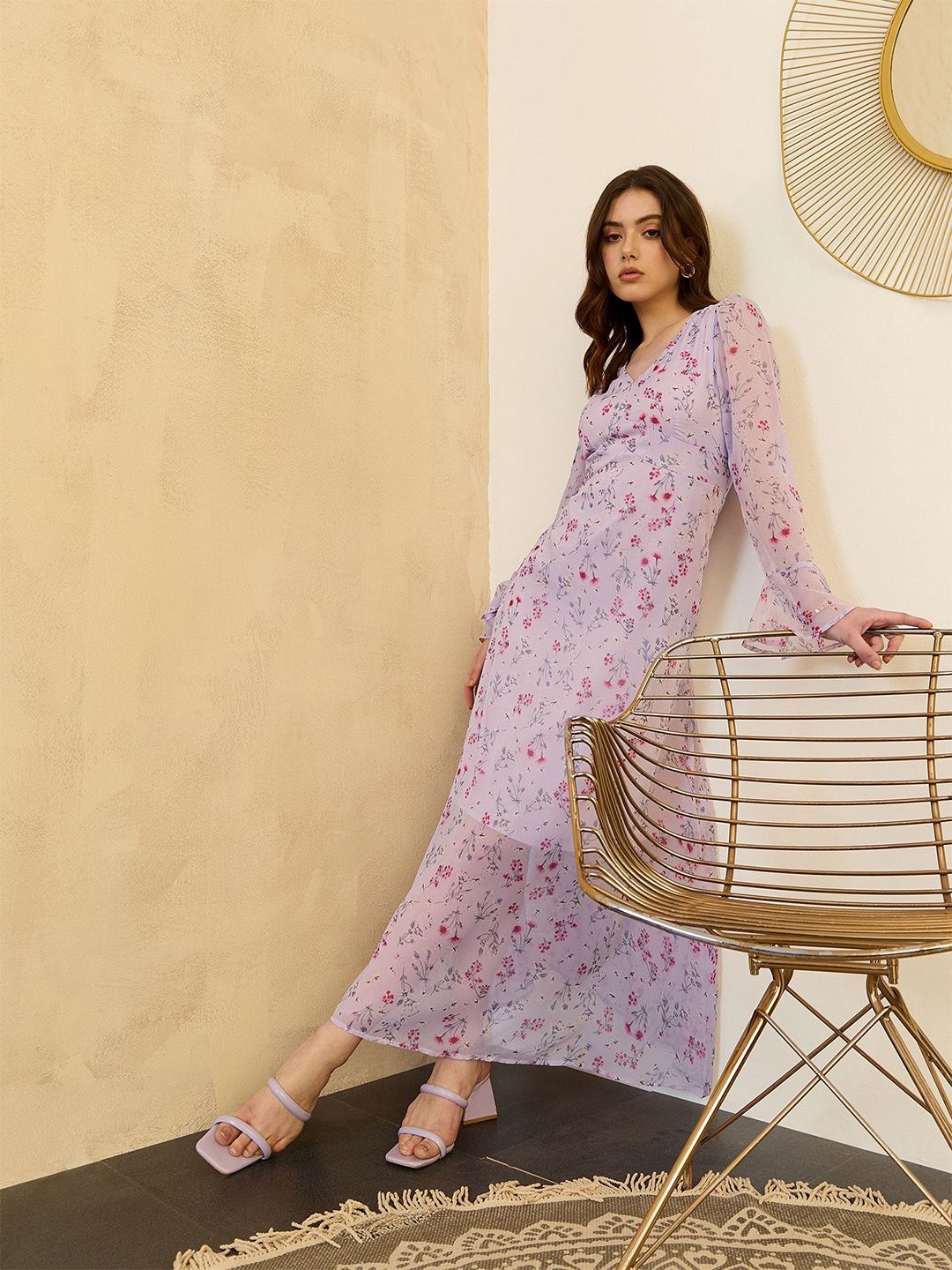 Berrylush Floral Printed Bell Sleeve Chiffon A-Line Maxi Dress