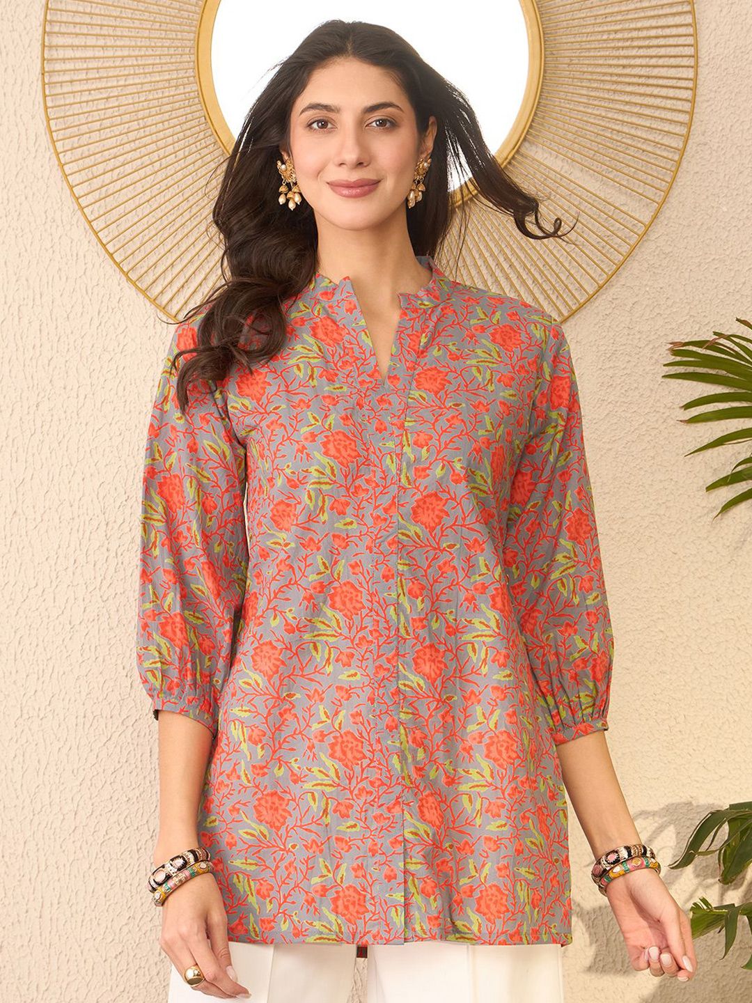 KALINI Floral Printed Mandarin Collar Top