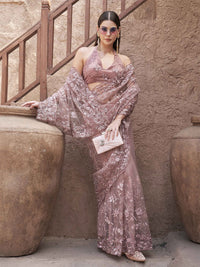 Tikhi Imli Floral Embroidered Net Saree With Scalloped Border