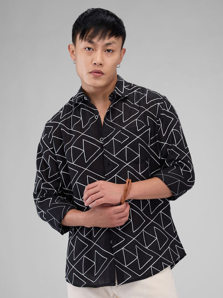 VASTRADO Men Classic Spread Collar Geometric Printed Cotton Slim Fit Casual Shirt