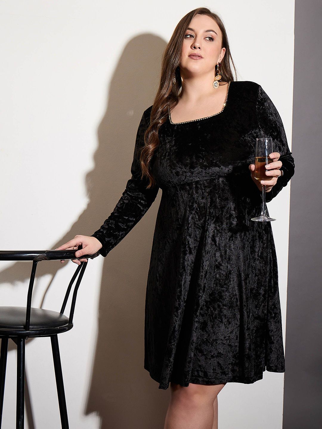 SASSAFRAS Curve Women Square Neck Embellished Velvet Fit & Flare Dress