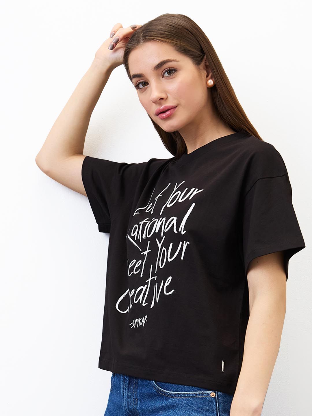 SPYKAR Women Typography Printed Round Neck Cotton Boxy T-shirt