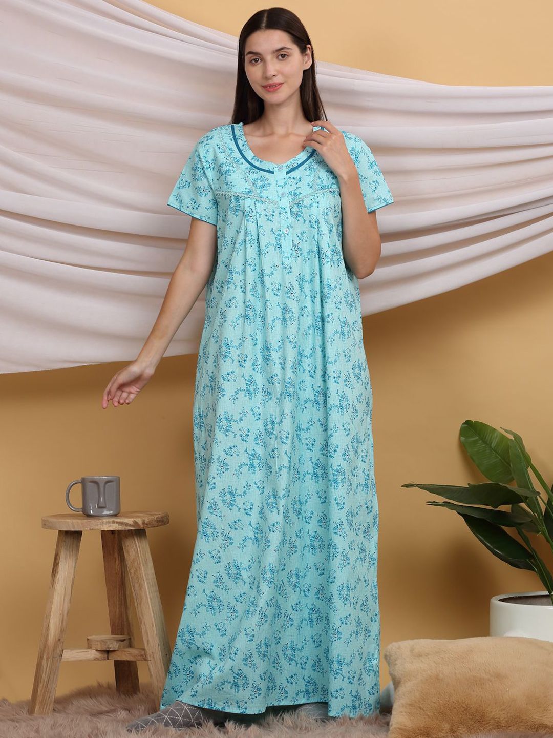 Sweet Dreams Printed Short Sleeves Maxi Nightdress