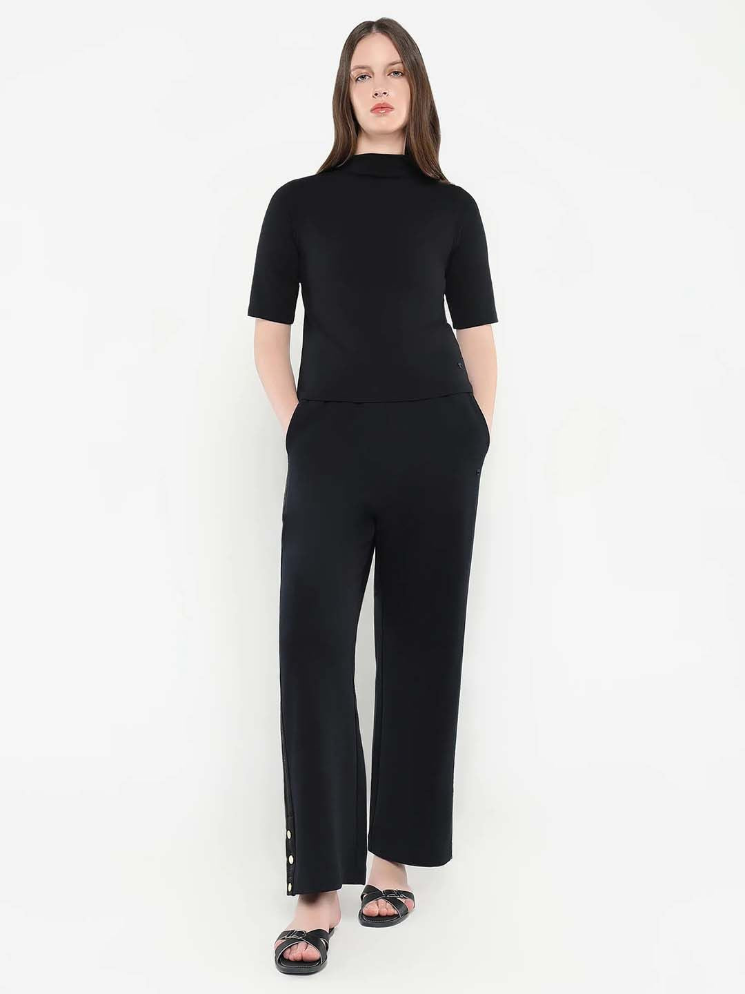 RAREISM Women Solid High Neck Cotton Top
