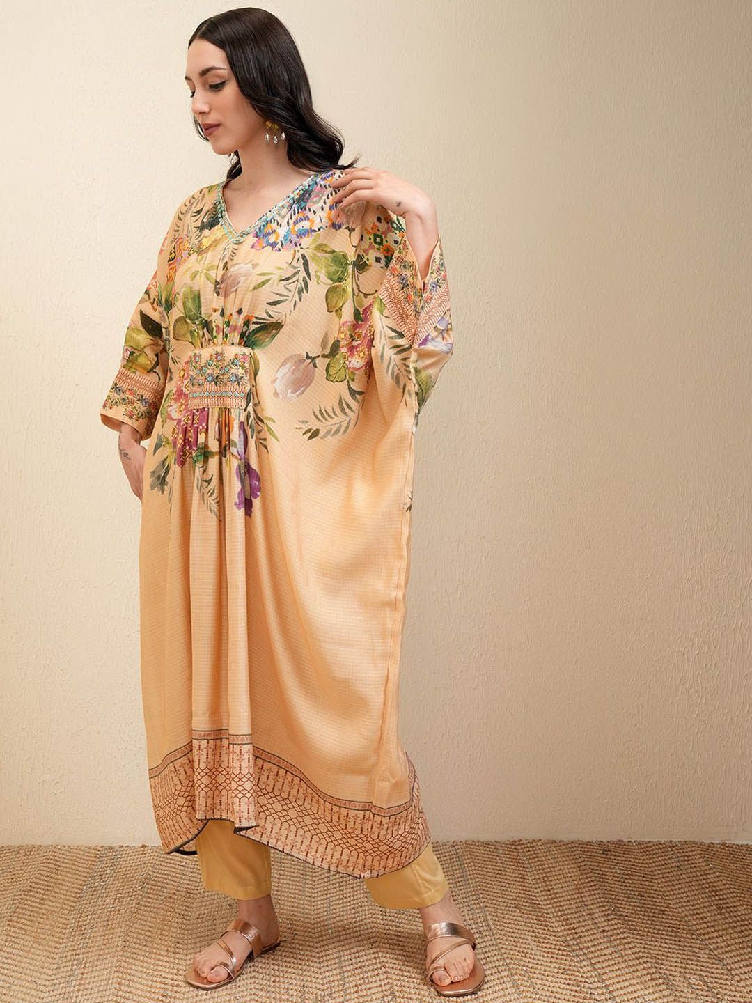 Vishudh Cream Floral Printed Beads and Stones Pure Cotton Kaftan Kurta With Trousers