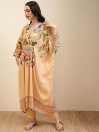 Vishudh Cream Floral Printed Beads and Stones Pure Cotton Kaftan Kurta With Trousers