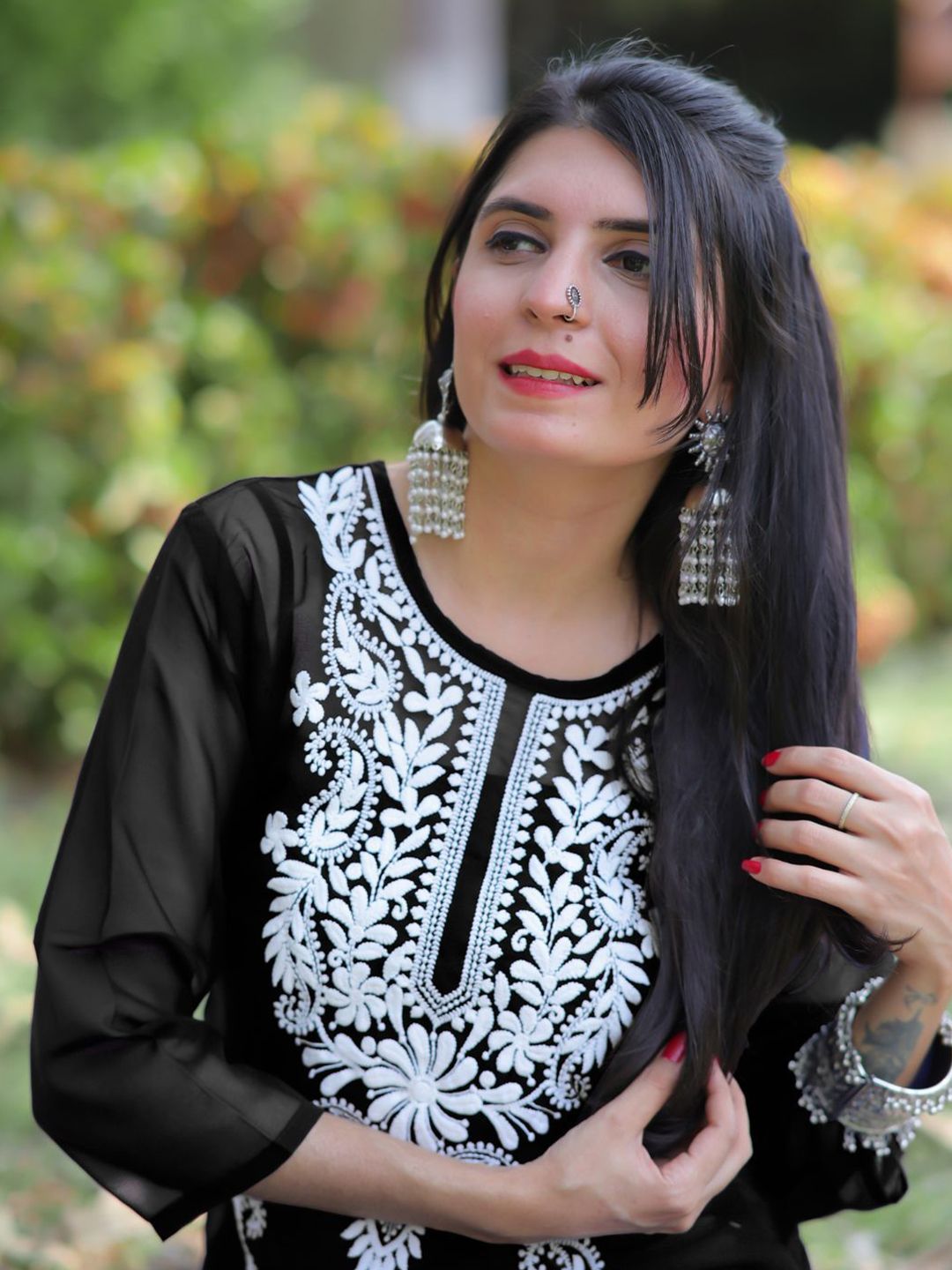 KALINI Women Paisley Embroidered Chikankari Straight Kurta