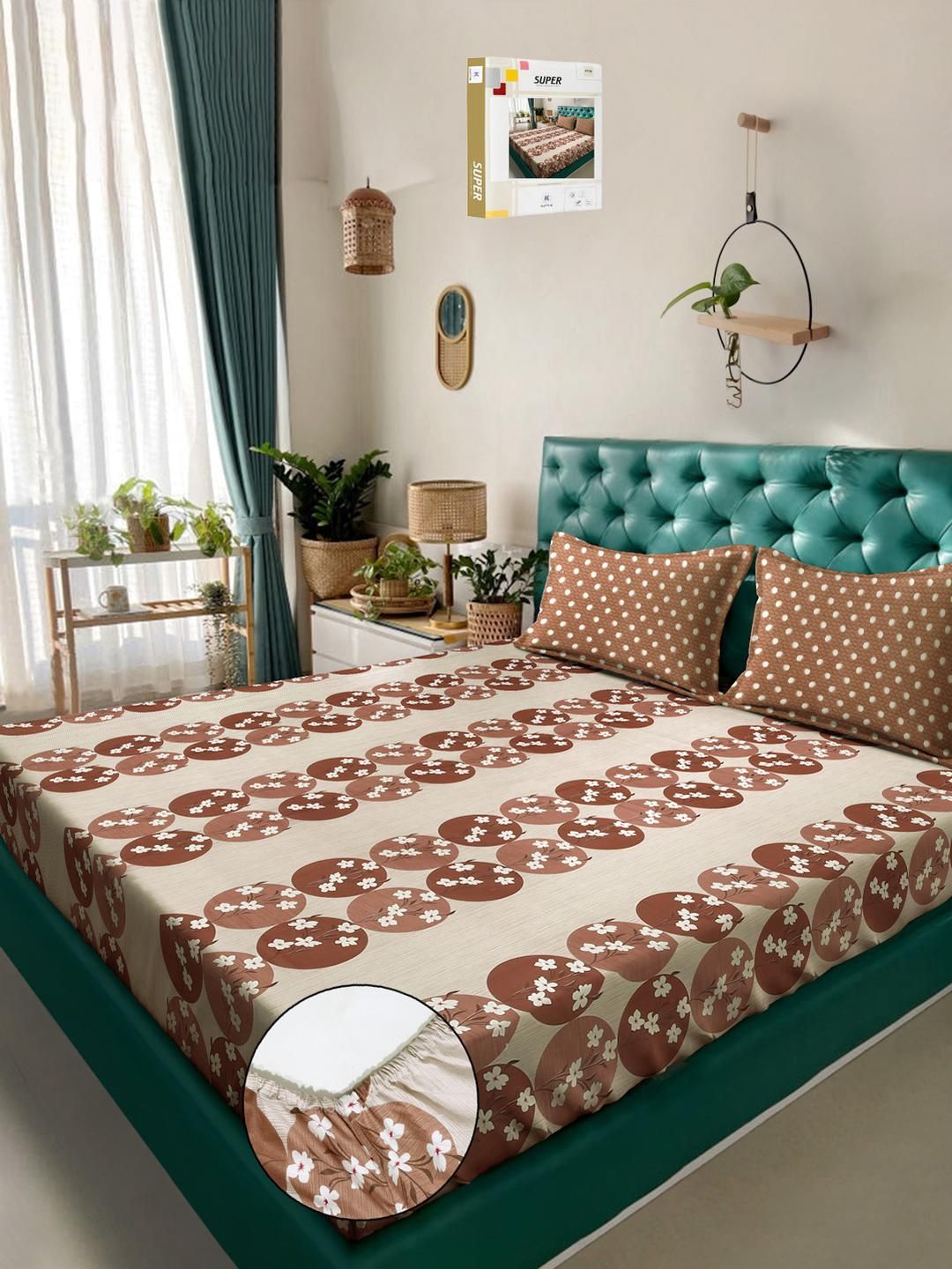 KLOTTHE Coklat & Putih Kapas Bercetak Bunga 400 TC Set Cadar King 2.5 m x 2.25 m