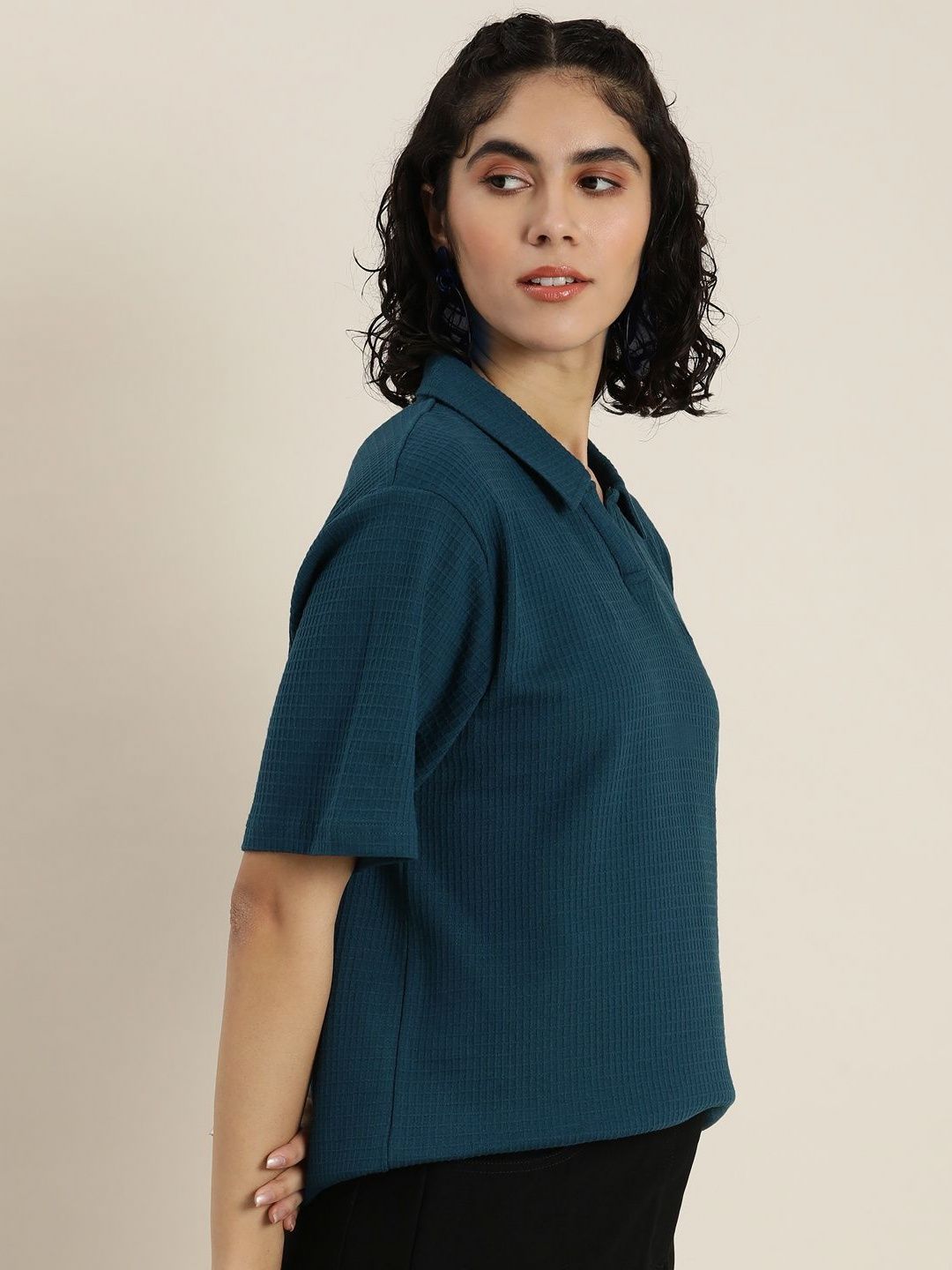 DILLINGER Women Self Design Polo Collar Cotton Oversized T-Shirt
