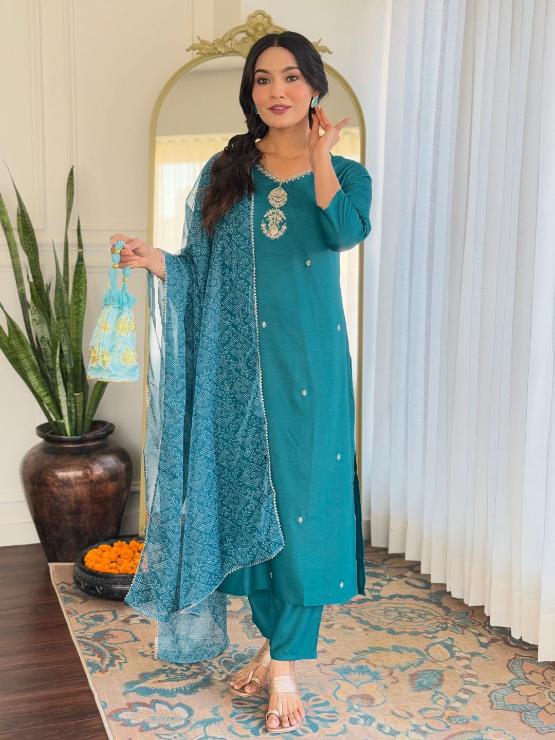 KALINI Women Floral Embroidered Zari Straight Kurta With Trousers & Dupatta