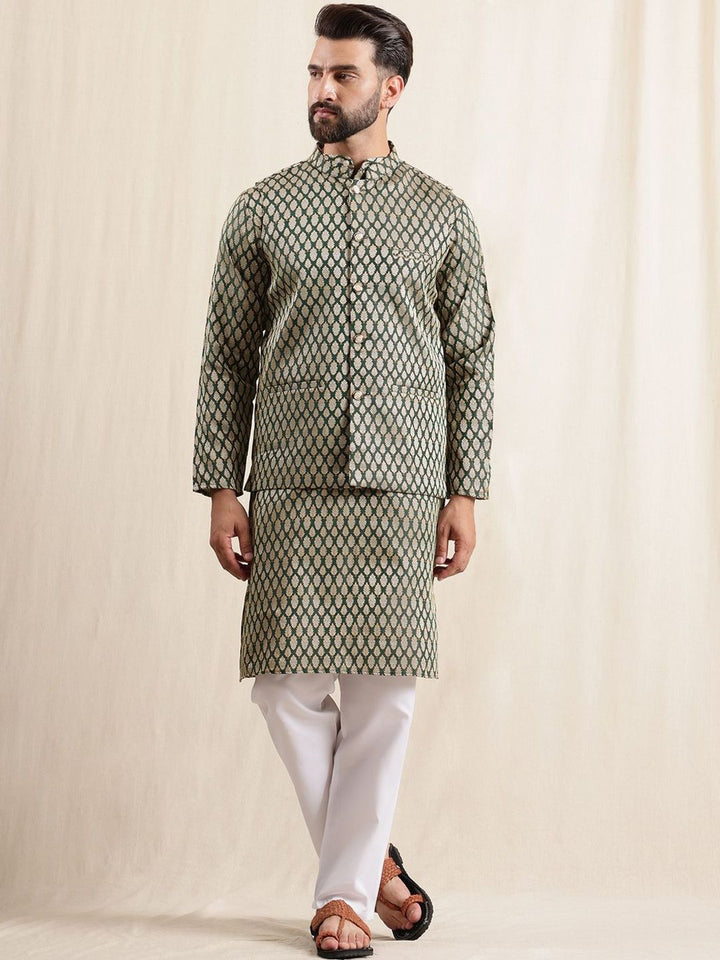 Anouk Floral Woven Design Mandarin Collar Straight Kurta With Pyjamas & Nehru Jacket