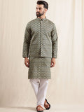 Anouk Floral Woven Design Mandarin Collar Straight Kurta With Pyjamas & Nehru Jacket